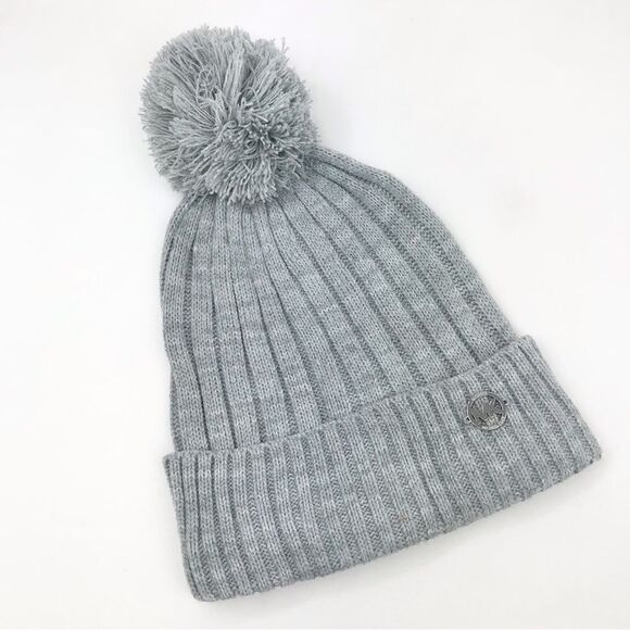 MICHAEL Michael Kors Gray Ribbed Knit Pompom Winter Beanie - Picture 1 of 11